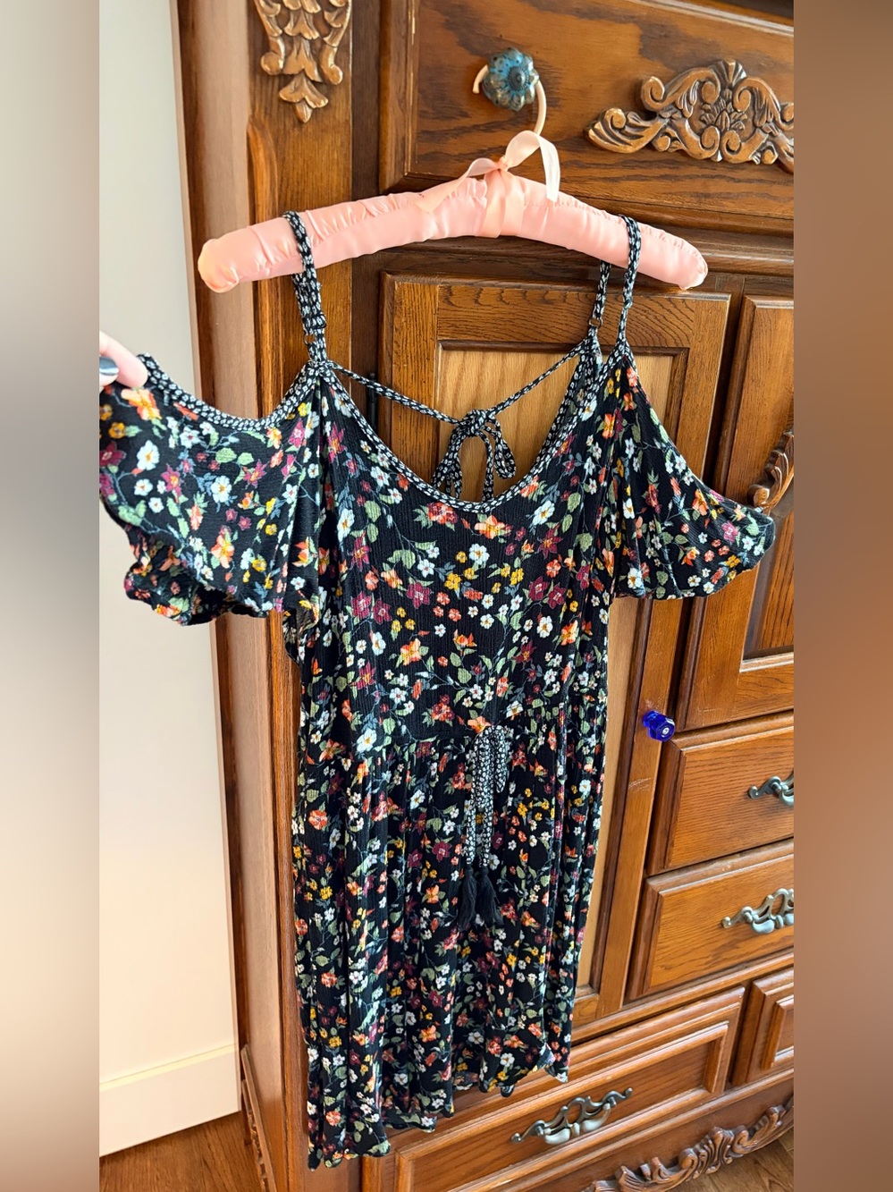 Xhilaration Black Floral Cold-Shoulder Sundress with Tie Detail